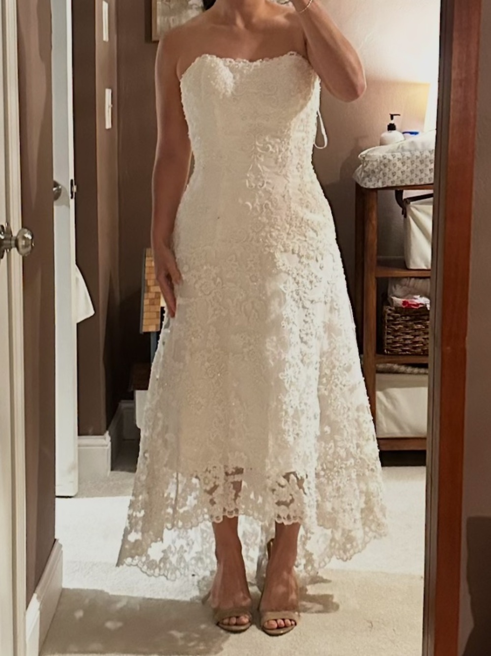 Alfred Angelo Strapless Lace Tea-Length Wedding Dress in Ivory